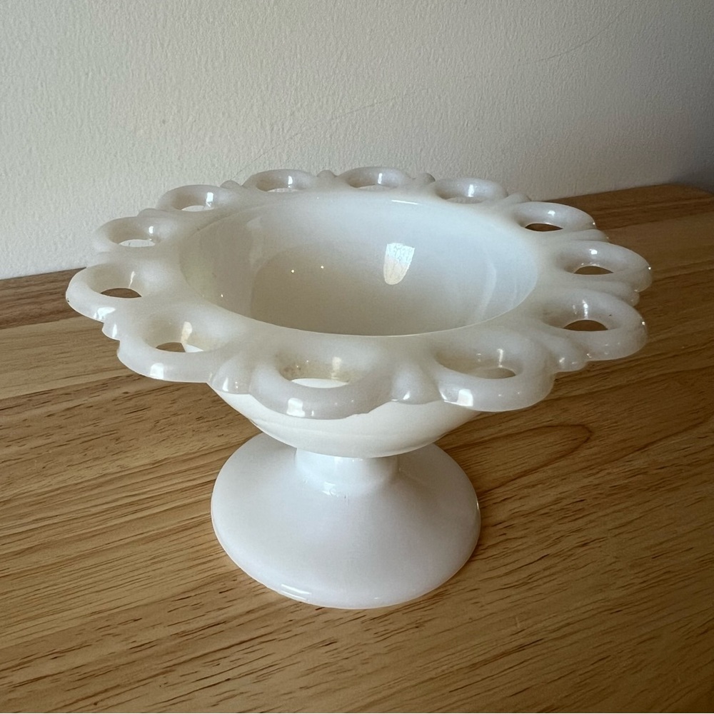 Vintage Anchor Hocking Open Lace White Milk Glass Pedestal Compote Dish Small